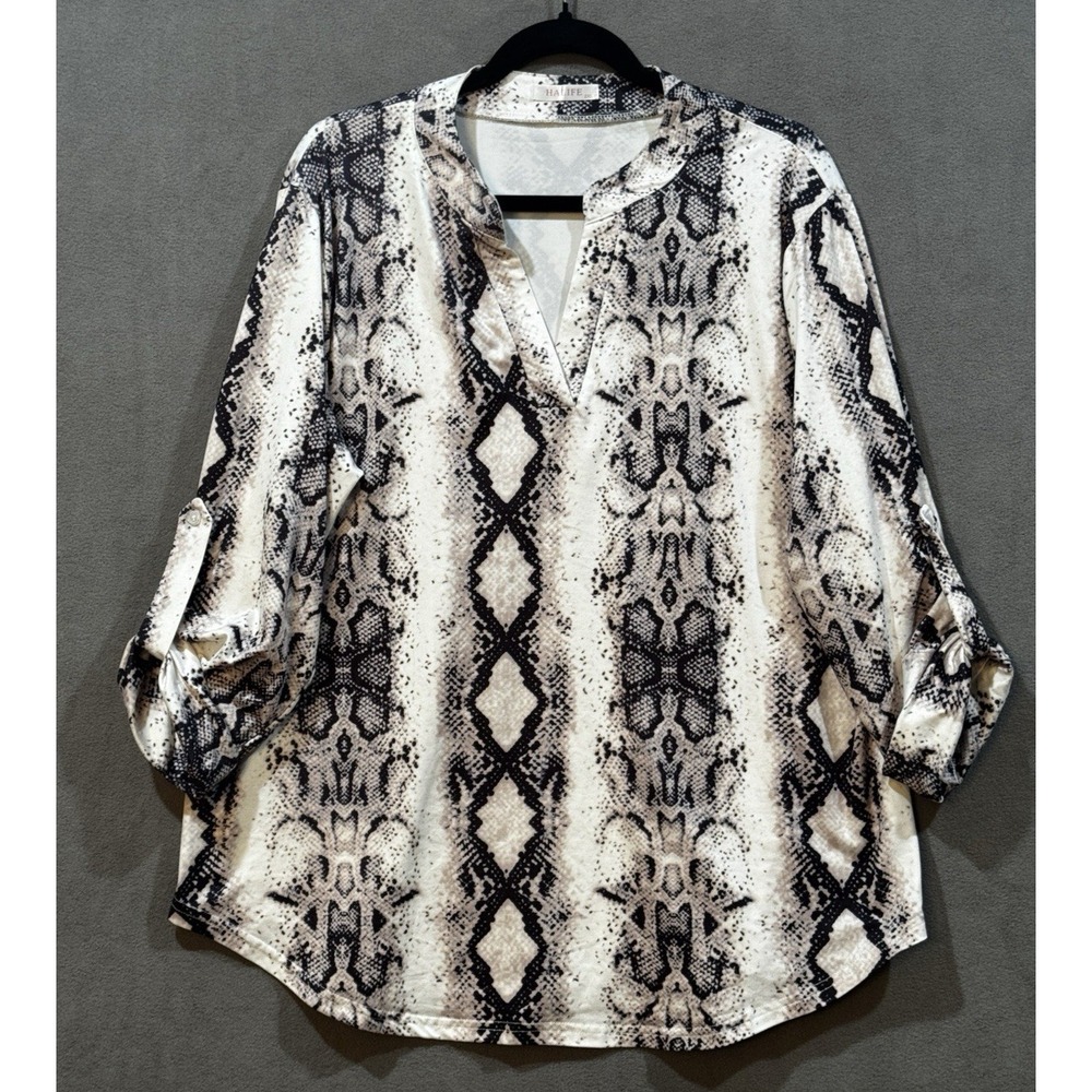 Halife Womens 2XL Snakeskin Print V-Neck Roll Tab Sleeve Tunic Blouse Gray White